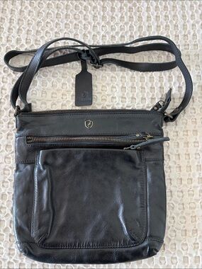 Black Fossil Leather Crossbody Bag with Front Pocket